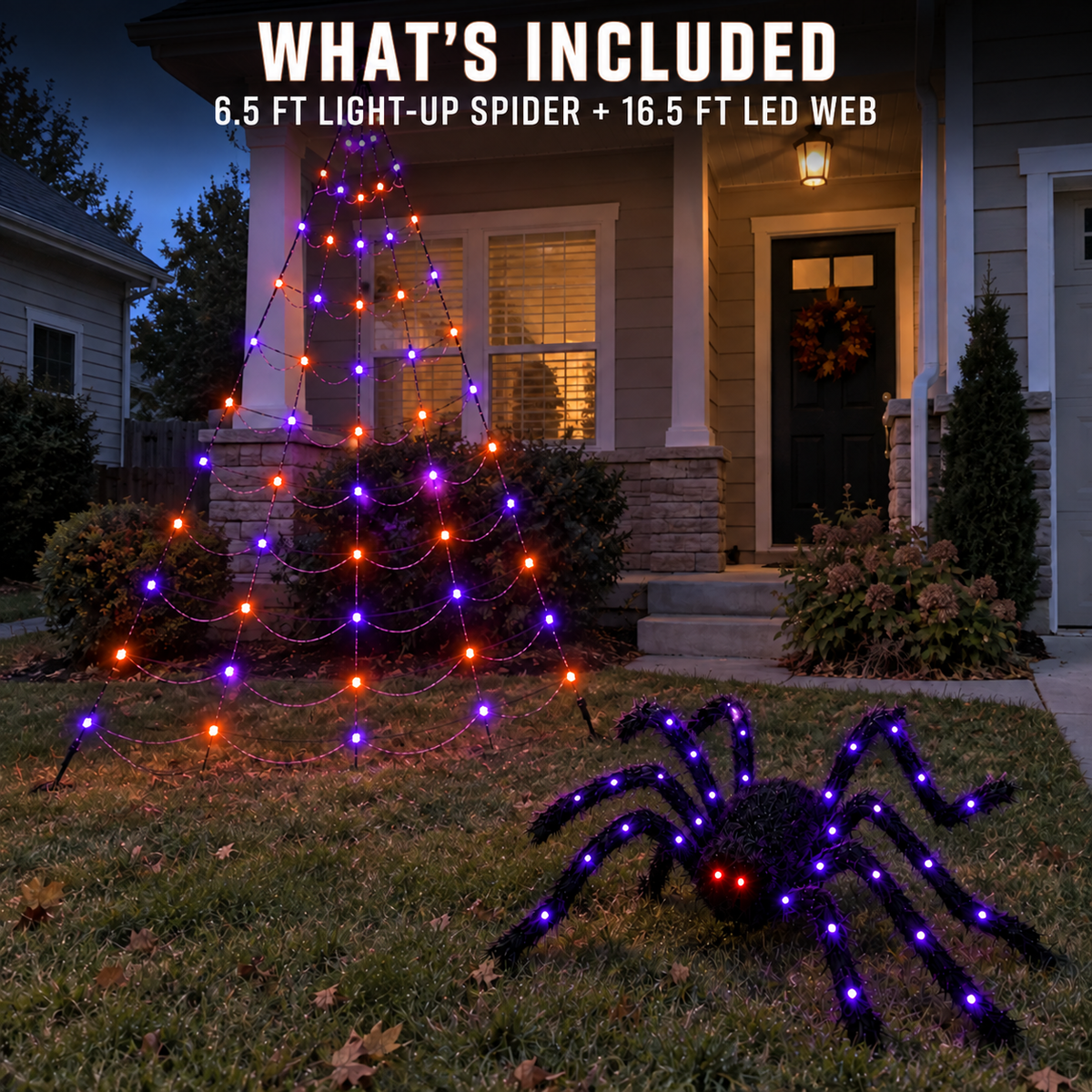 6.5 ft spider and 16.5 ft purple-orange LED web Halloween set